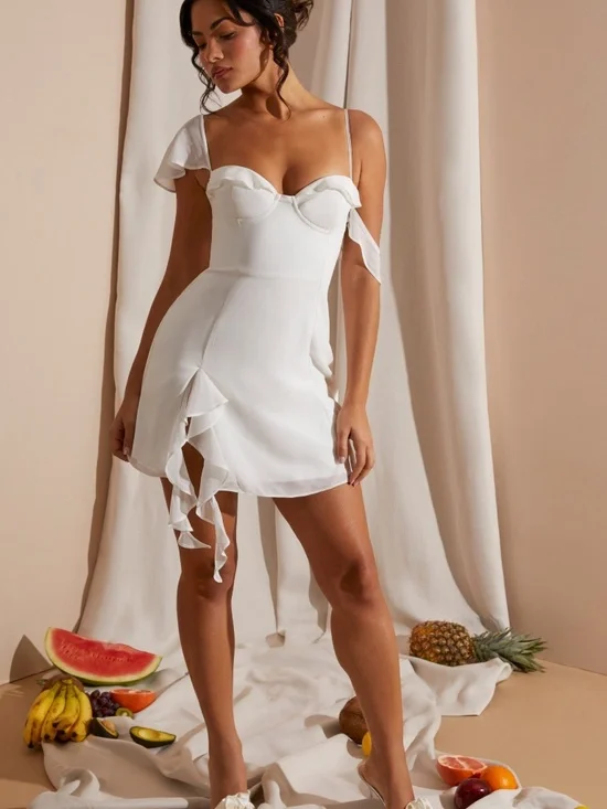 Oh Polly JOSIANE Asymmetric Draped Mini Dress in White US 8 - Picture 1 of 8